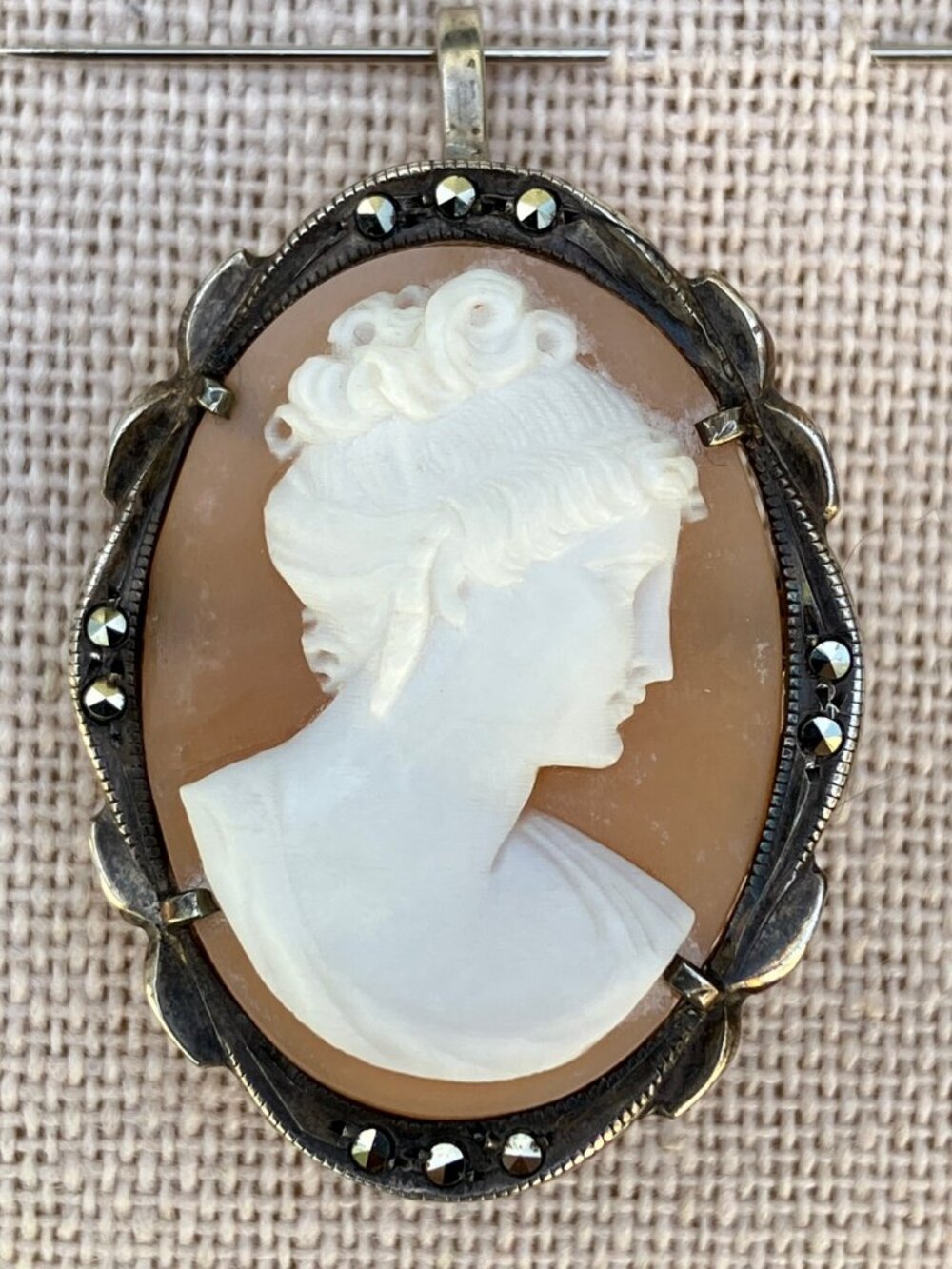 800 Silver and Marcasite Shell Carved Cameo Pendant Brooch